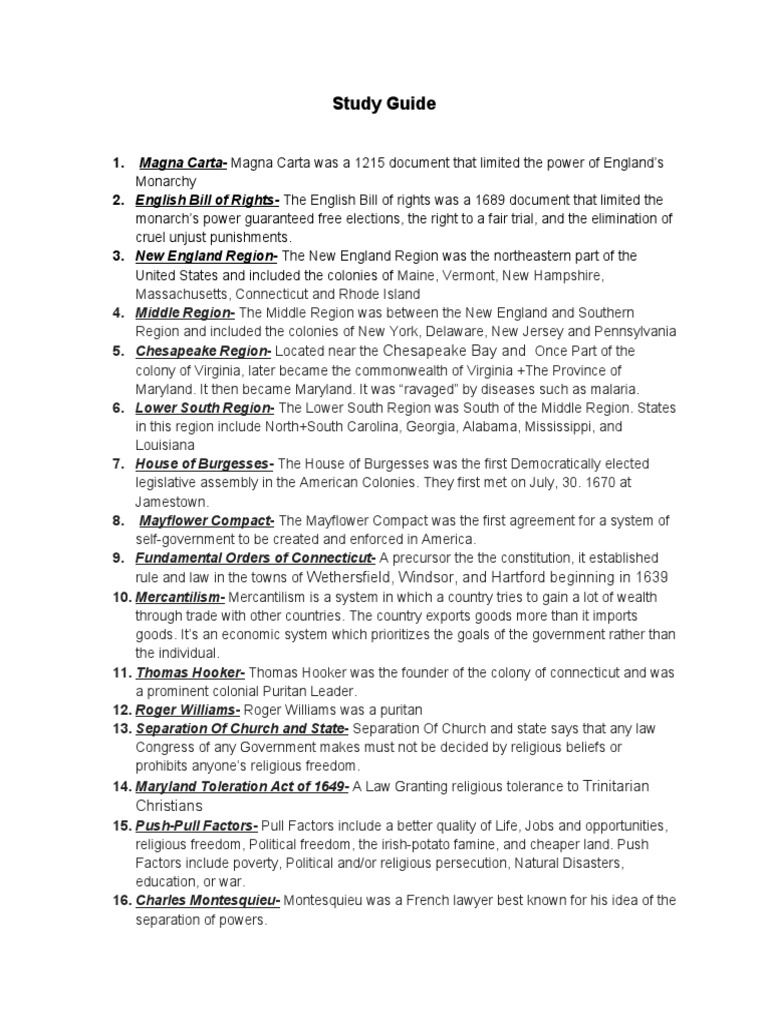Study Guide US History PDF New England Freedom Of Religion