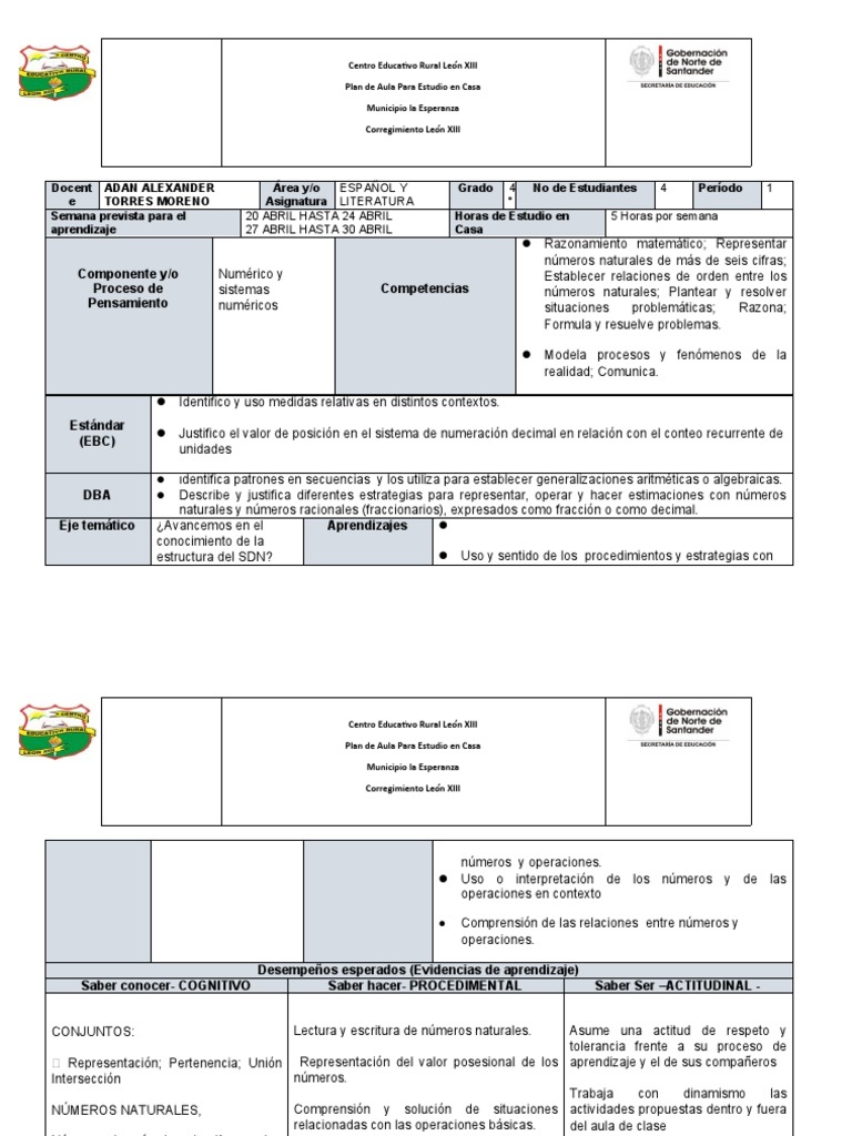 Modelo Plan de Aula 4 MT | PDF | Salón de clases | Números