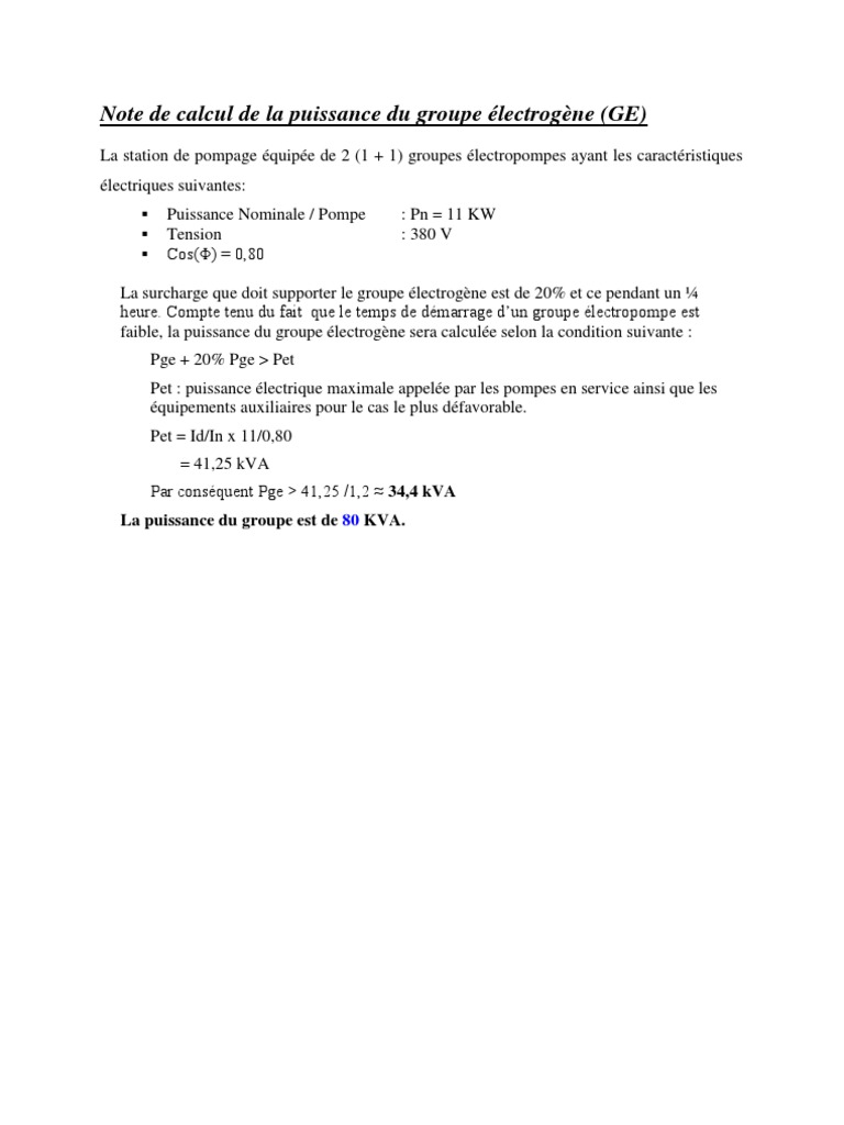 Calcul de puissance groupe électrogène PDF — free download