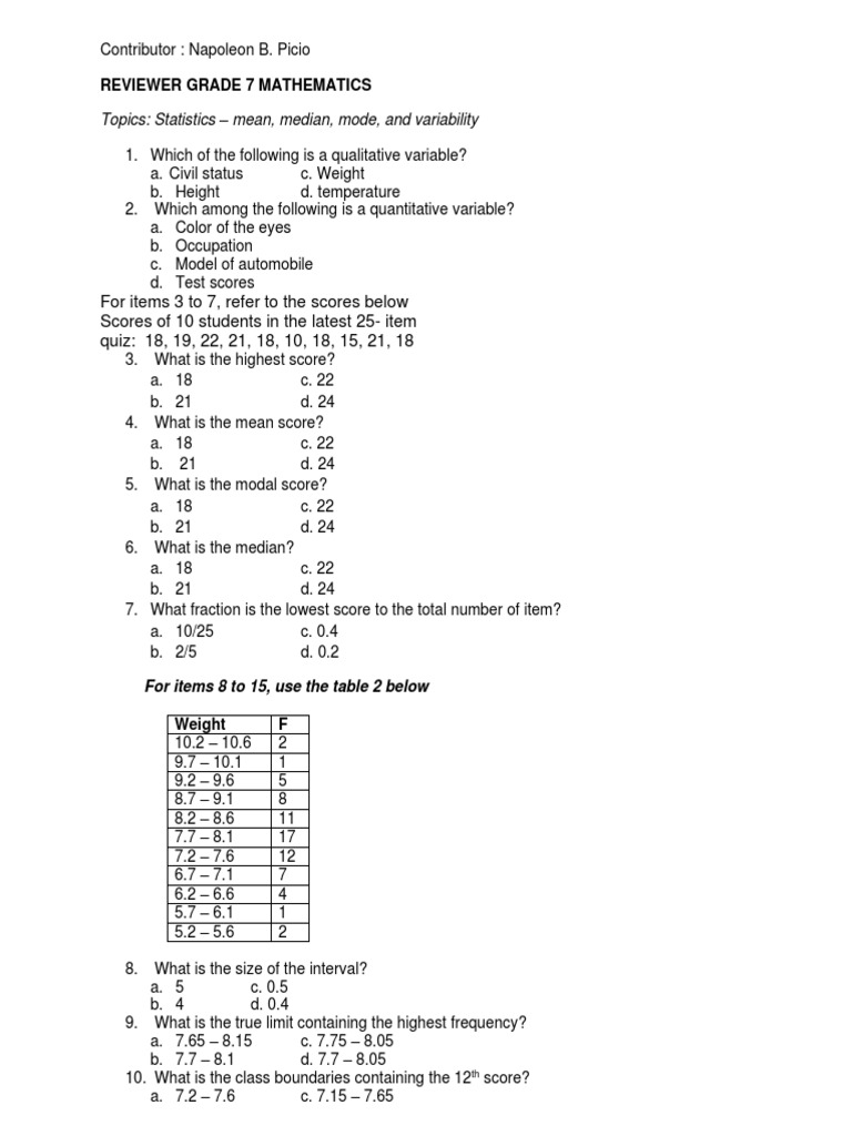 GRADE 7 - MATH REVIEWER in Statistics PDF | PDF | Median | Mode ...