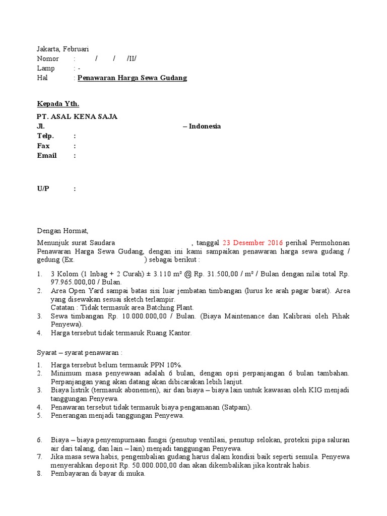 Contoh Surat Penawaran Gudang Pdf