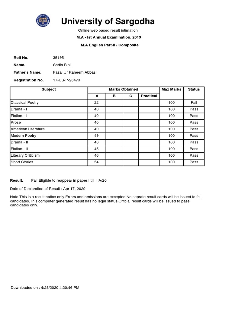 Ist Annual Examination, 2019eng (C) 35195DetailMarkSheet | PDF