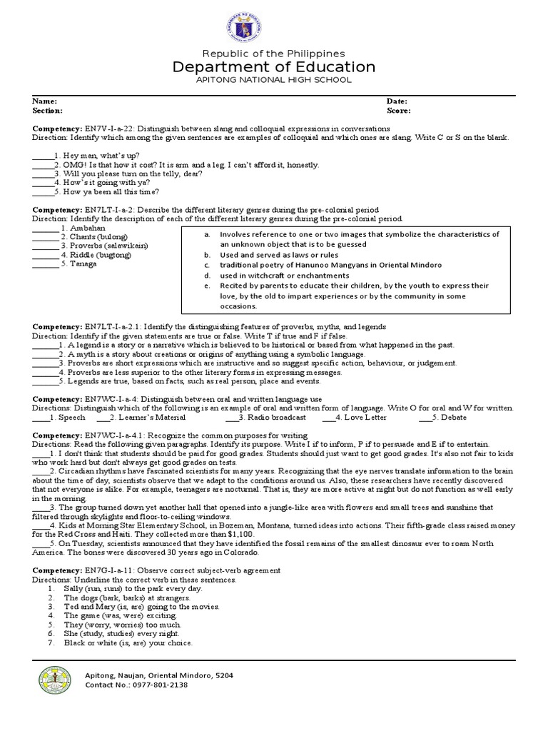 Activity Sheets 1st Quarter Grade 7 | PDF