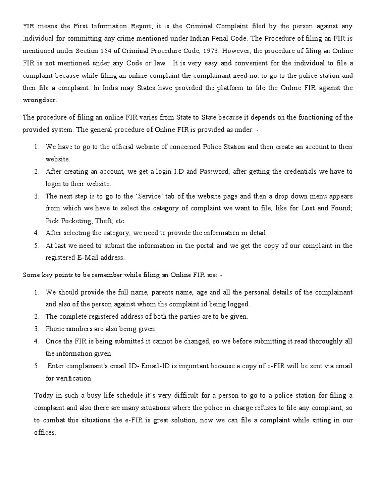Understanding FIR and Online Filing in India | PDF | Complaint | Crime ...