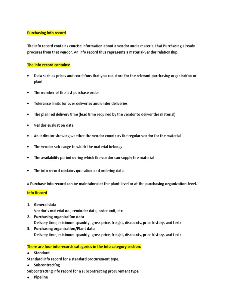 Purchase Info Record | PDF | Procurement | Delivery (Commerce)