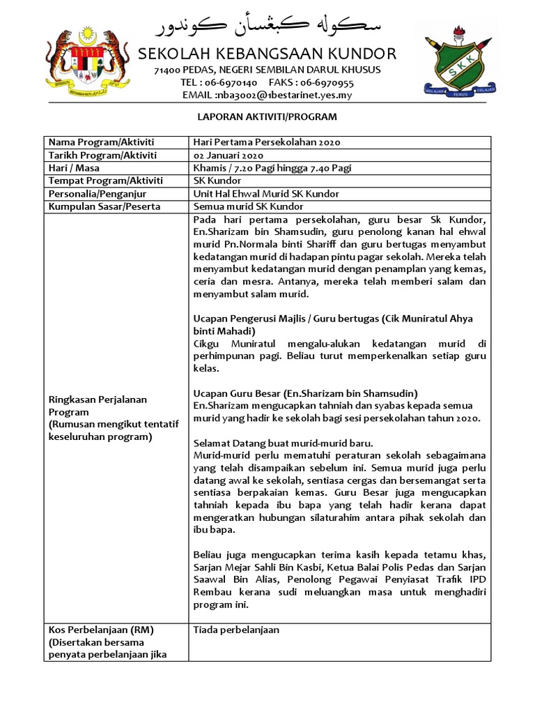 Laporan Hari Pertama Persekolahan Pdf