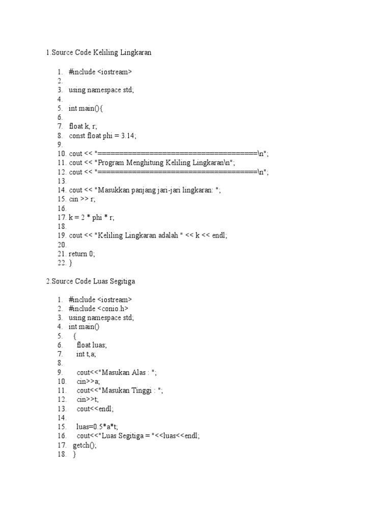 Kode C++ untuk Hitung Lingkaran dan Segitiga | PDF