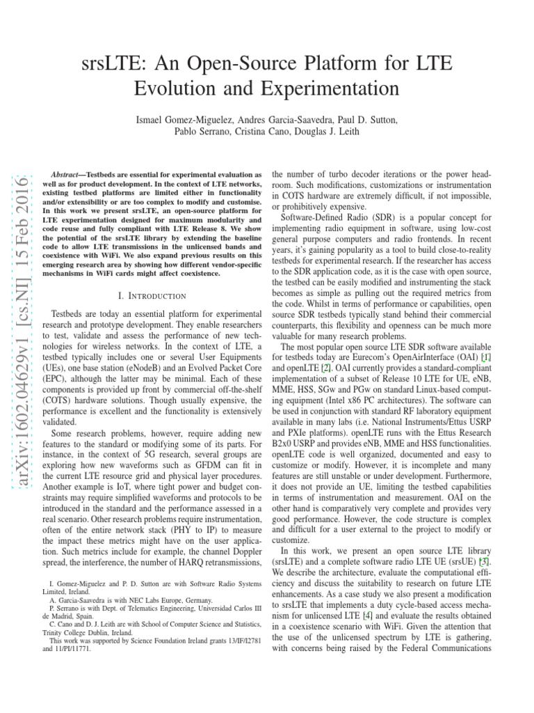 Srslte An OpenSource Platform For Lte Evolution and Experimentation