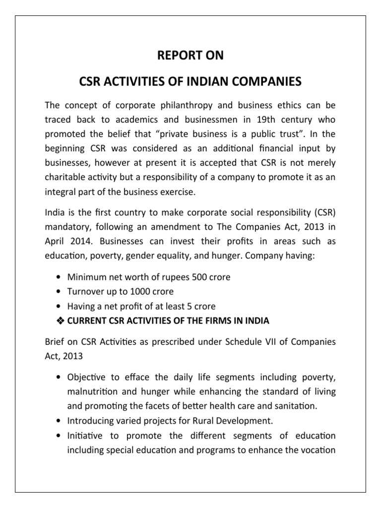 Report On CSR in India | PDF | Corporate Social Responsibility ...
