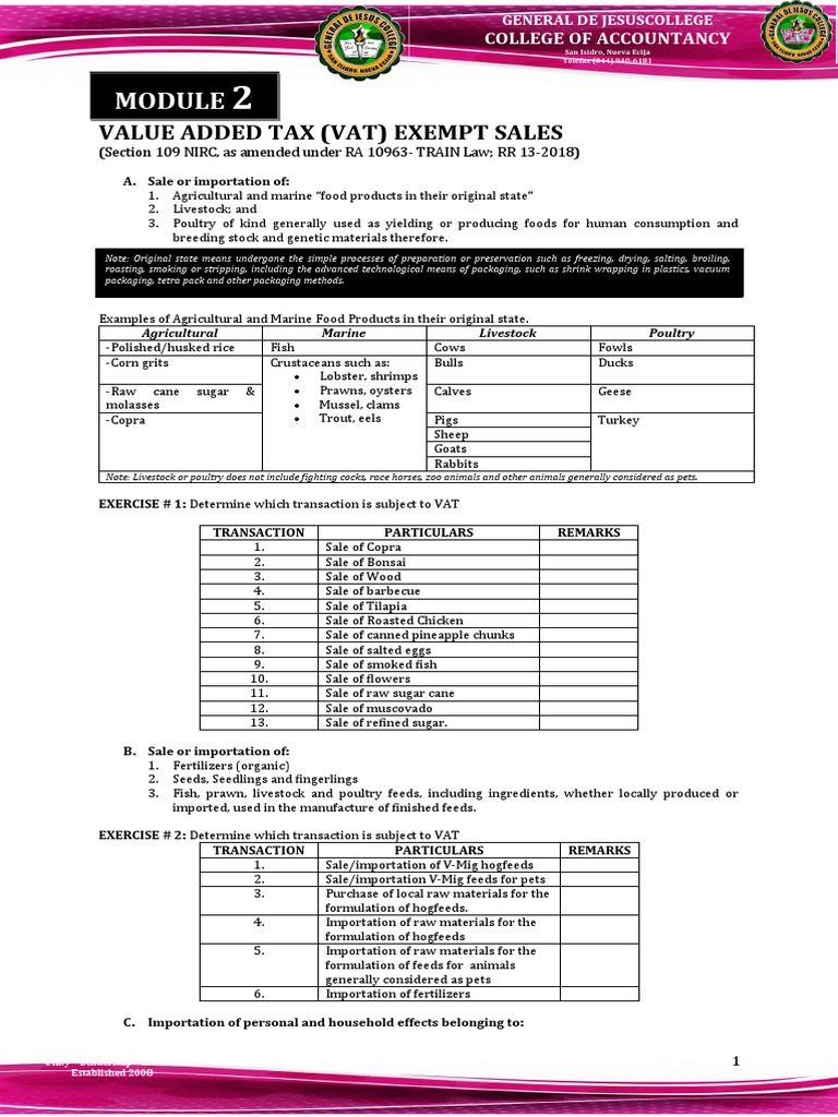 Value Added Tax (Vat) Exempt Sales: College of Accountancy | PDF ...