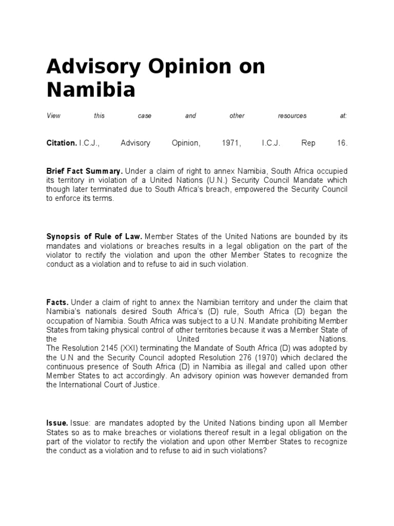 Namibia Advisory Opinion Summary | PDF | Namibia | International Relations