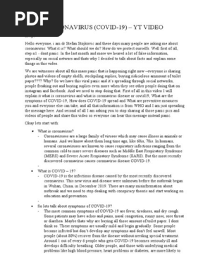 Coronavirus Covid 19 Yt Video Script Diseases And Disorders Medical Specialties