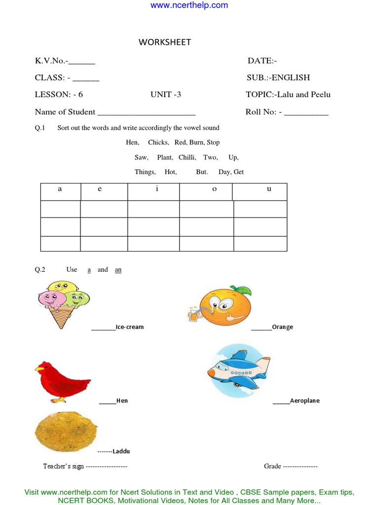 Enlish Test For Class 1 English PDF