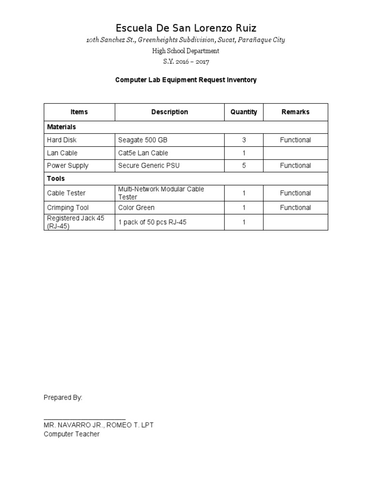 Computer Lab Equipment Request Inventory | PDF