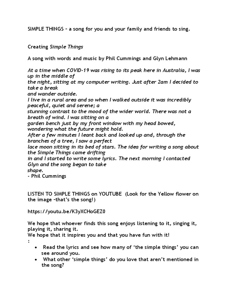 Simple Things SONG Activities With Lyrics | PDF | Song Structure ...