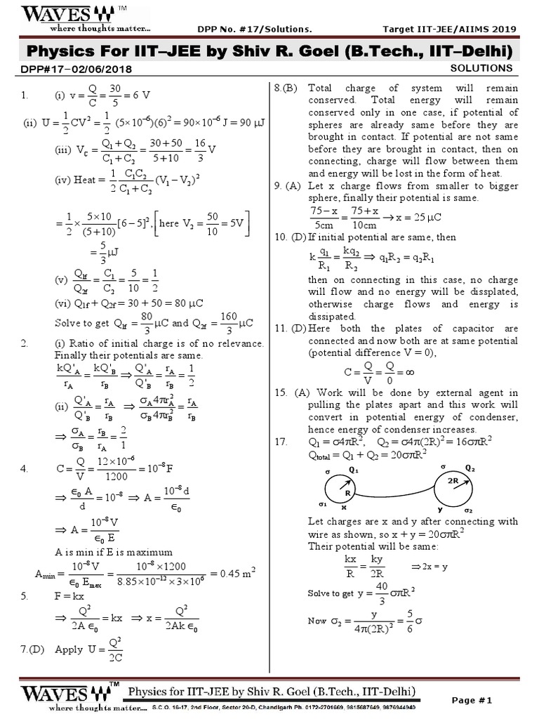 IIT-JEE Physics Solutions DPP #17 | PDF | Capacitor | Voltage
