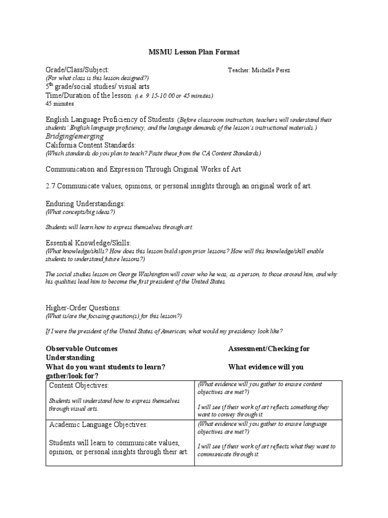 MSMU Lesson Plan Format: Bridging/emerging | PDF | Teaching ...