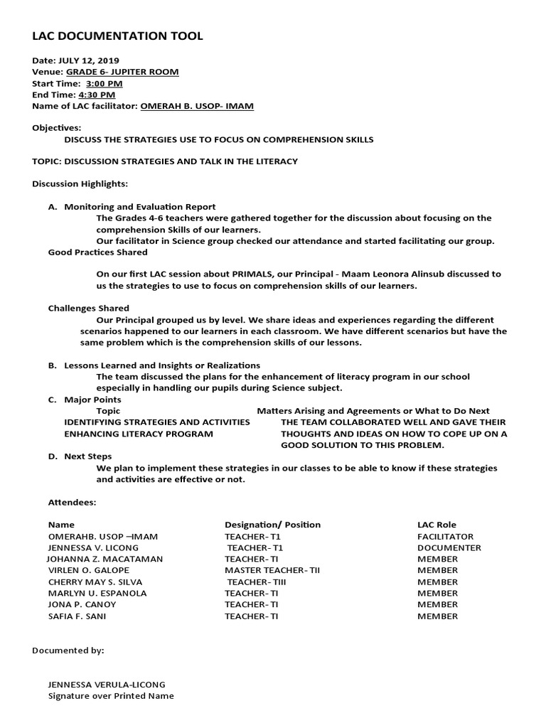 LAC Documentation and Evaluation Tools | PDF | Literacy | Applied ...