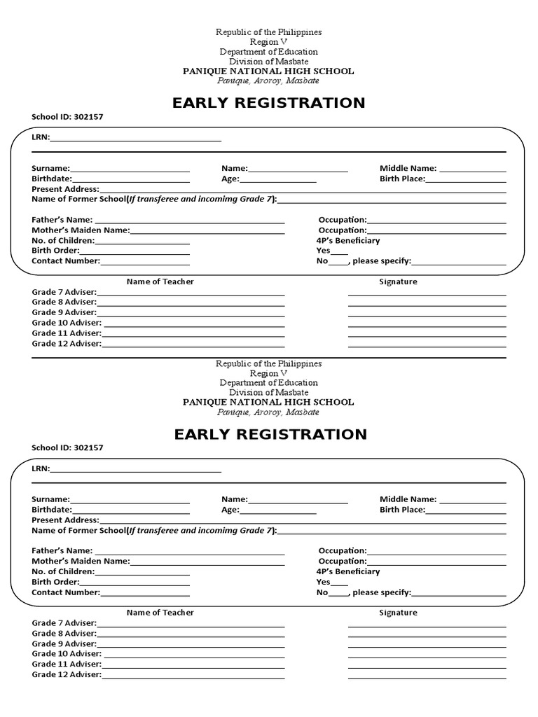 Editable Early Registration Form PDF Surname Written Communication