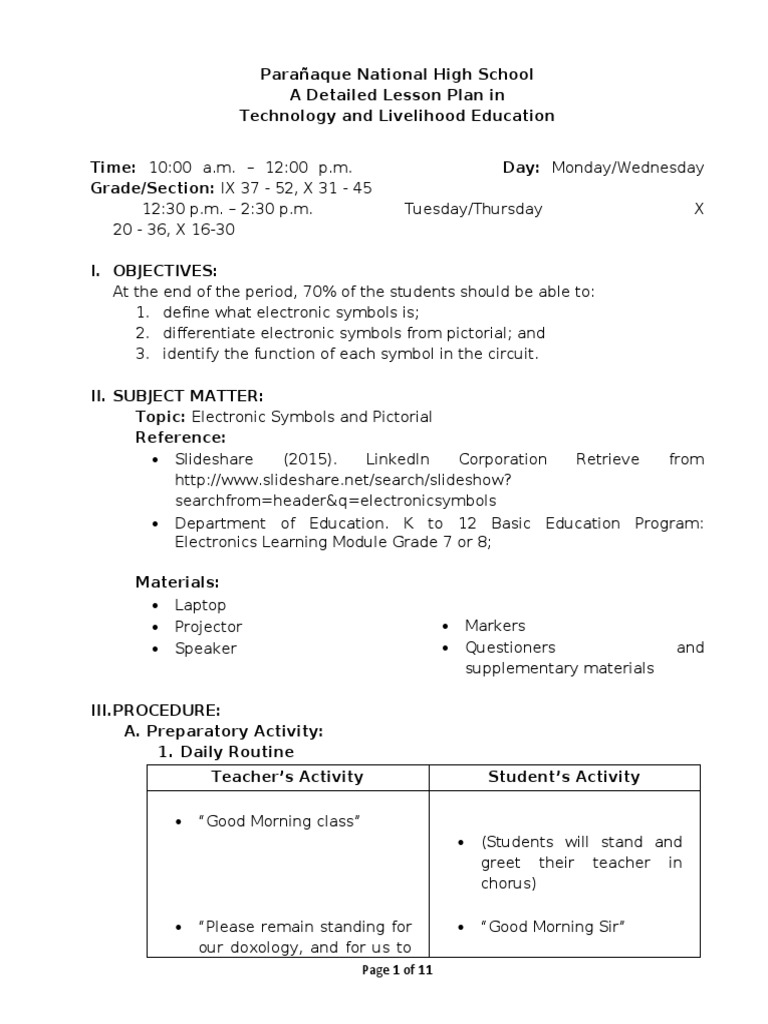 Electronics Component Lesson Plan - Electronic Symbols and Pictorial