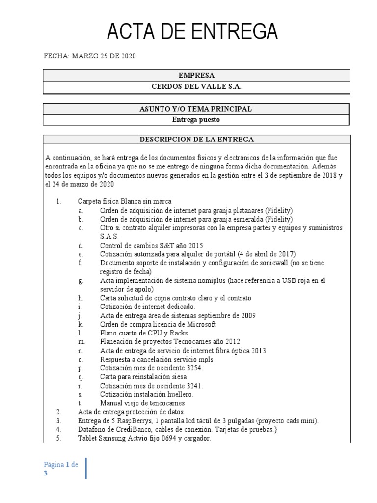Acta de Entrega de Documentos y Equipos | PDF | Tableta | Hardware de ...