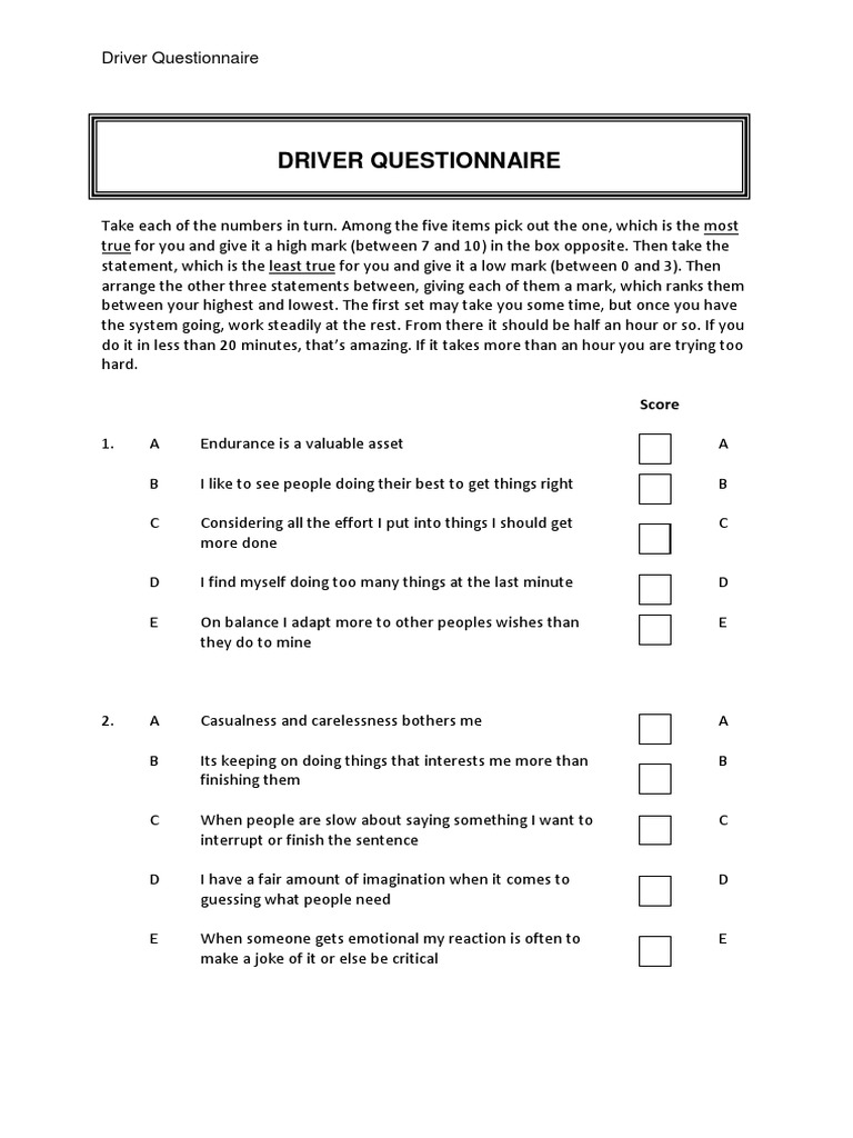 X. Driver Questionnaire | PDF | Facilitator | Psychological Concepts