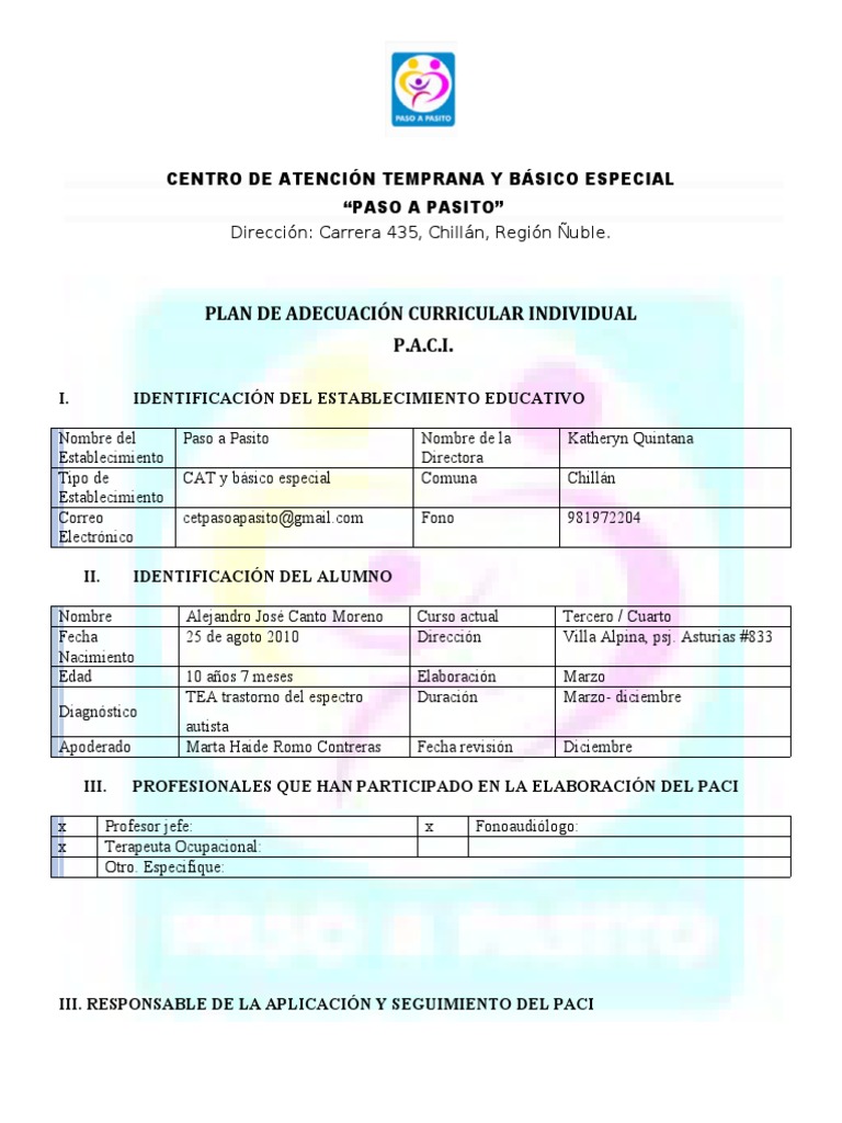 Plan de Adecuación Curricular PACI | PDF | Salón de clases | Sustracción