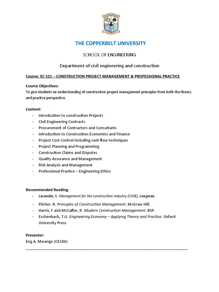 Ec521 Constr Proj Mgmt Course Outline