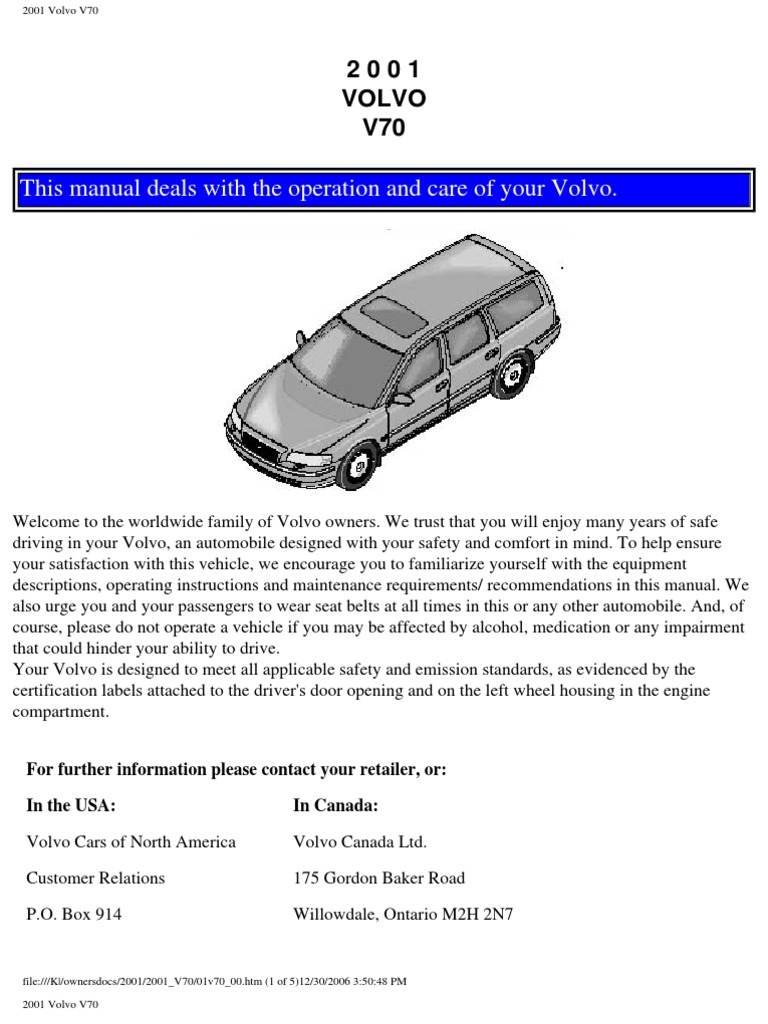 VOLVO V70 2001 User Manual | PDF | Airbag | Seat Belt