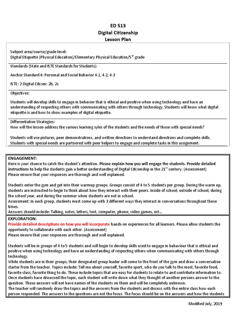 ED 513 Digital Citizenship Lesson Plan Engagement PDF Educational