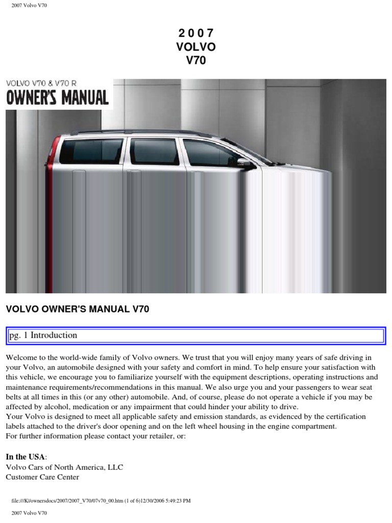 VOLVO V70 2007 User Manual | PDF | Airbag | Seat Belt