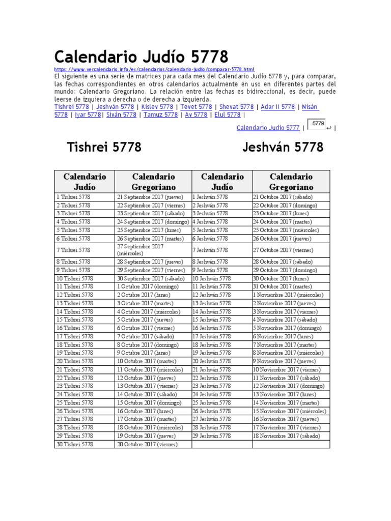 Calendario Judío 5778 5579 | PDF | Calendario hebreo | Tishrei