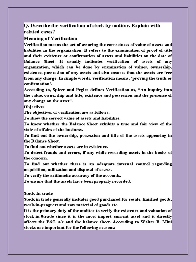 Q describe the verification of stock by auditor explain with related