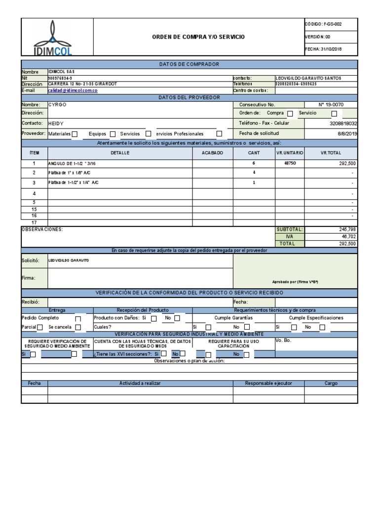 F-GS-002 - Orden de Compra o Servicios | PDF | Equipo de ...