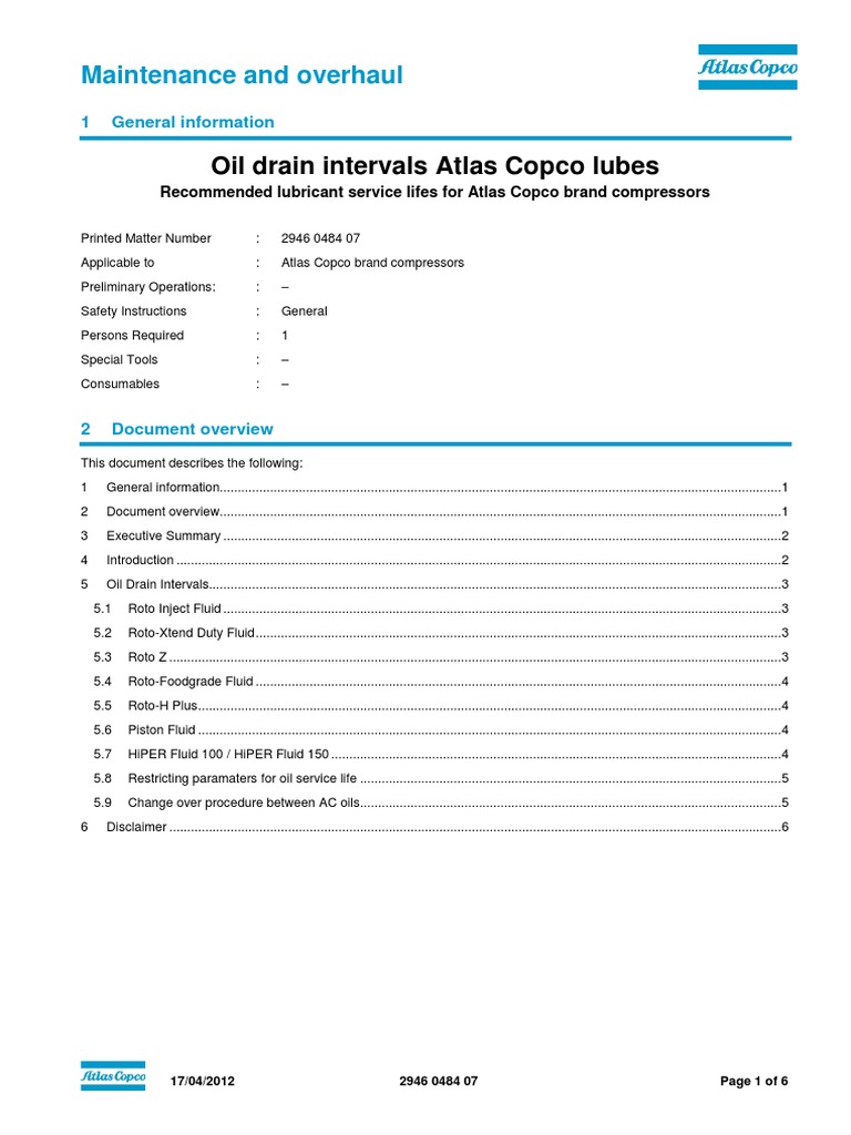 2946 0484 07 Oil Drain Intervals Atlas Copco Lubes PDF Lubricant