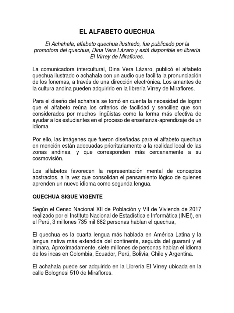 Alfabeto Quechua Ilustrado: Achahala | PDF | Artes del Lenguaje y ...