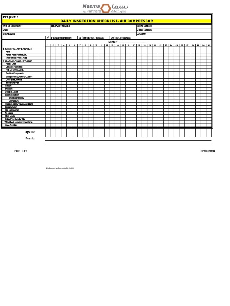 Daily Inspection Checklist Air Compressor PDF