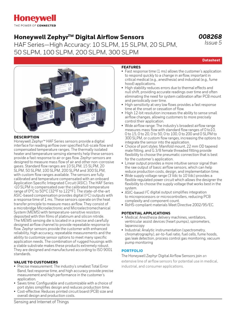 Honeywell Sensing Zephyr Digital Airflow 10 SLPM 3 740283 PDF