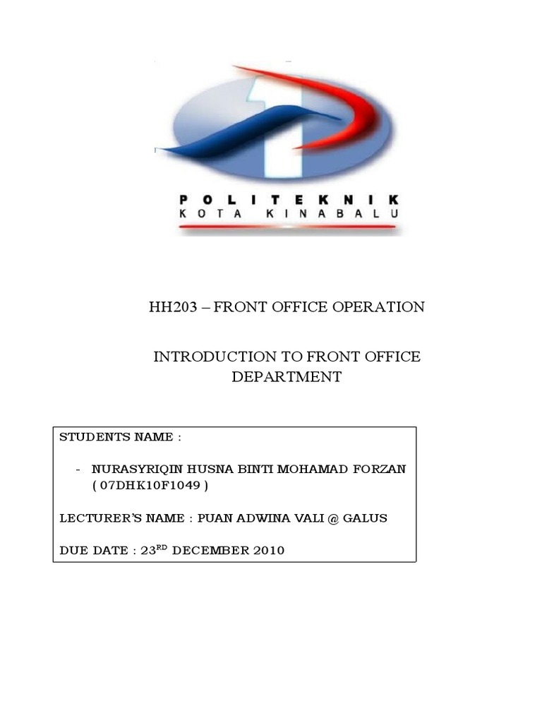 Hh203 Front Office Operation Introduction To Front Office Department