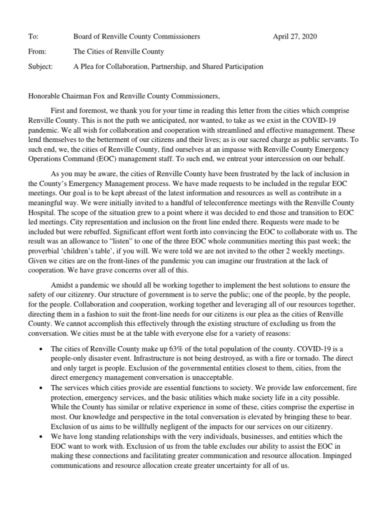Cities Letter To Renville County Board of Minnesota PDF Emergency