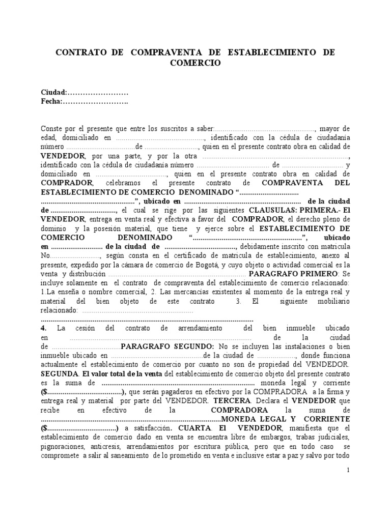 Contrato De Compraventa De Establecimiento De Comercio