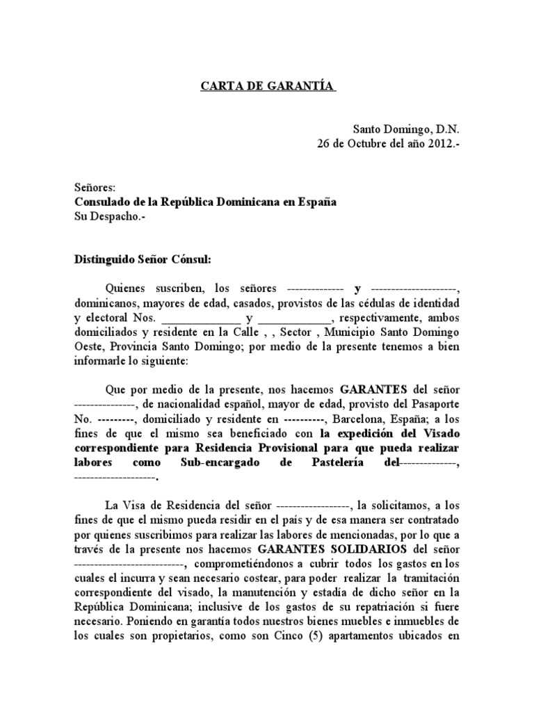 CARTA DE GARANTÍA Y INVITACION DE TRABAJO  República Dominicana  Política