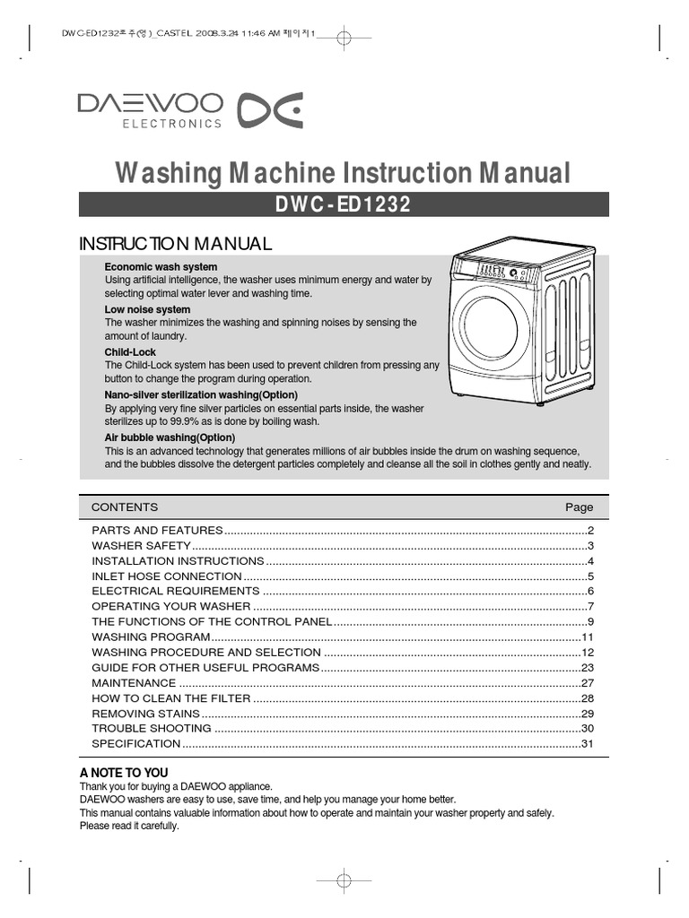 Washing Machine Instruction Manual: DWC-ED1232 | PDF | Washing Machine ...