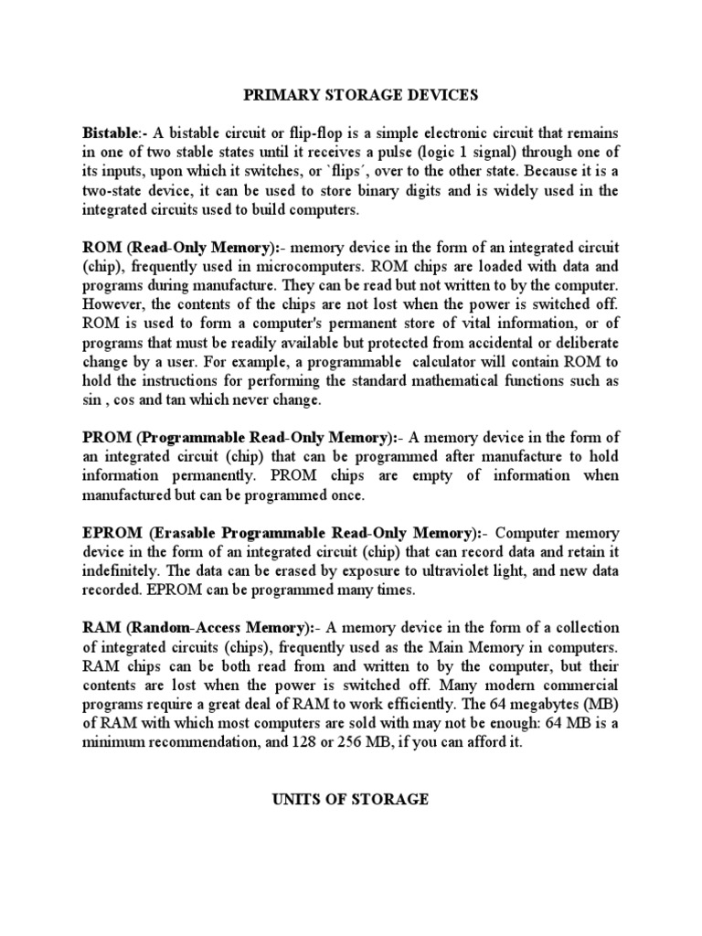 Primary Storage Devices | PDF | Read Only Memory | Computer Memory