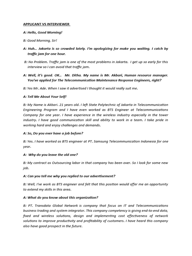 Applicant-Interviewer Dialogue for Engineer Role | PDF ...