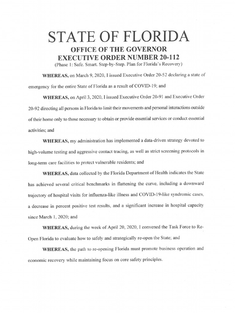 Florida Executive Order 20112 Gov. Ron DeSantis' Plan For Phase 1 of