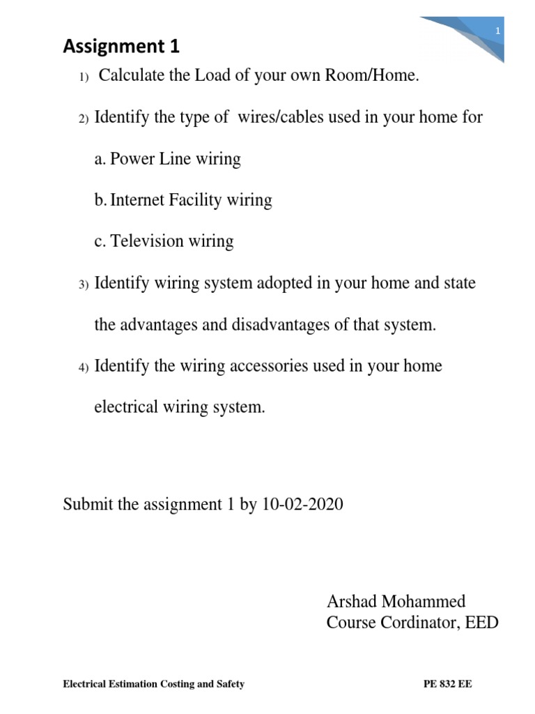 Assignment 1: Electrical Estimation Costing and Safety PE 832 EE | PDF