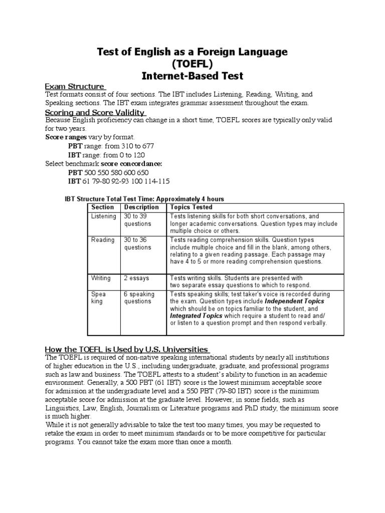 TOEFL Exam Structure and Preparation Guide | PDF | Test Of English As A ...