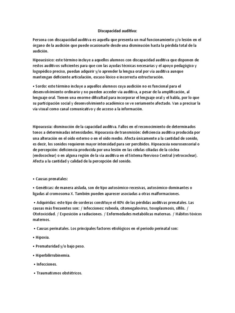Características de la discapacidad auditiva | PDF | Especialidades ...