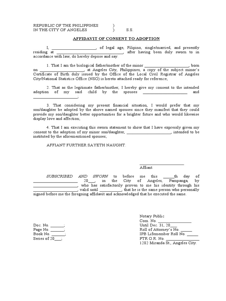 Affidavit of consent to adoption subscribed and sworn to before me